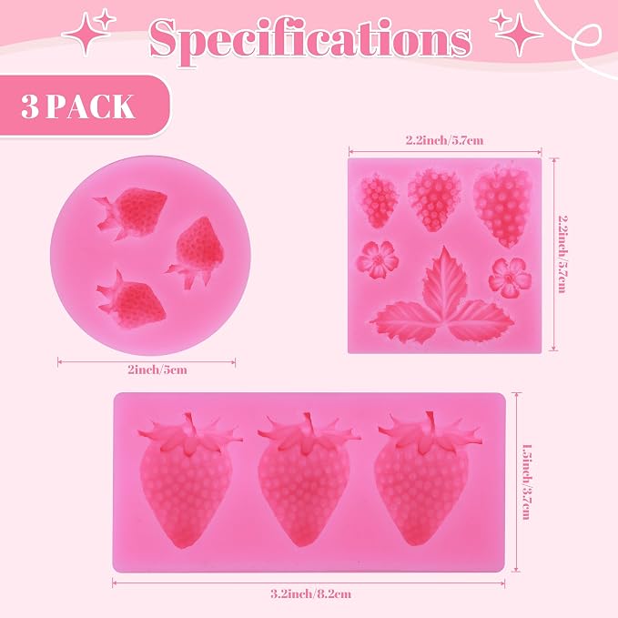 YunKo 3 Pack Strawberry Mold Set, Flexible Silicone Fondant Molds | Strawberry molds for cake decorating, cupcake toppers, chocolate, candy, fondant, and strawberry-shaped treats