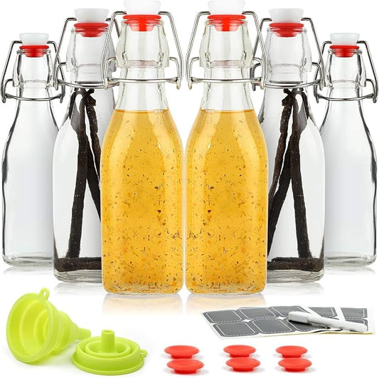 Vanilla Extract Bottles [8.5 oz, 12-Pack] – Flip Top Swing Top Glass Bottles for Homemade Extracts, Kombucha, Coquito, Juice – Airtight Leak-Proof Caps with Funnel, Extra Gaskets, Labels & Marker