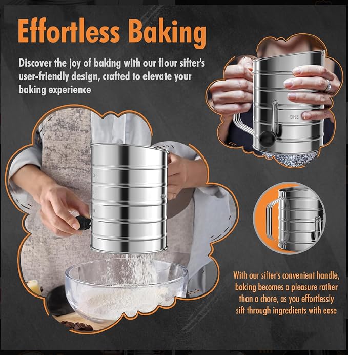 3 Cup Powdered Sugar Large Stainless Steel Rotary Hand Crank Flour Sifter With 4 Wire Agitator Baking Tools.