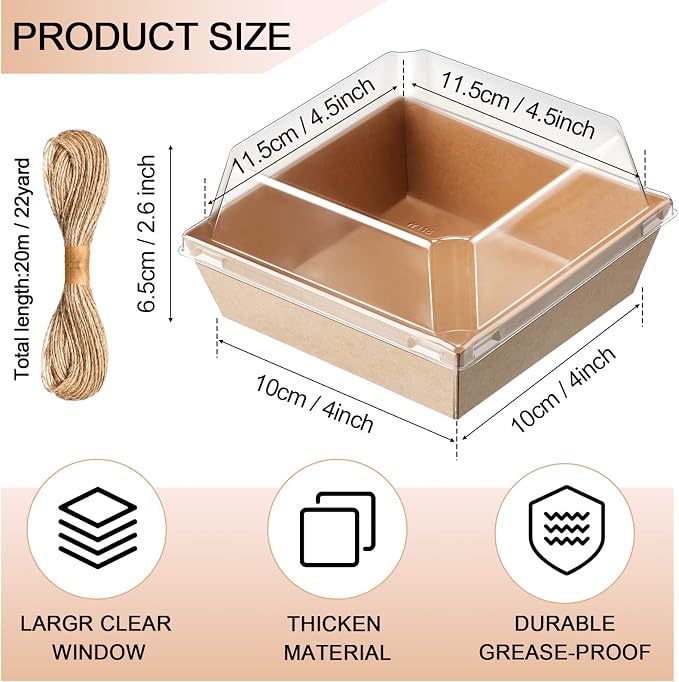 Jetec 150 Pack Charcuterie Boxes with Clear Lids and Rope 4 Inches Cake Disposable Square Dessert Food Box Containers with Lids for Bakery Macaron Cookies Strawberries Fruits Display (Kraft)