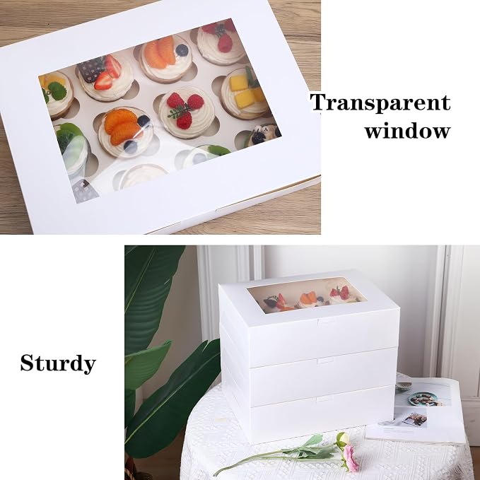 Moretoes Cupcake Boxes, 13x10x3.5 Inches 30pcs 12 Count Bakery Boxes with Window and Inserts to Fit Muffins, for Birthday Holiday Party Bakery Supplies