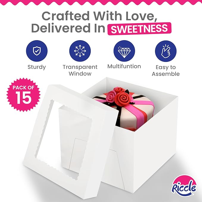 RICCLE 15pcs Cake Boxes, 12x12x8 Inches Tall Cake Box with Window, Large White Bakery Boxes, Baking Boxes, Square Cardboard Cake Box for Multi-Layer Cakes, Cake Decorating Supplies