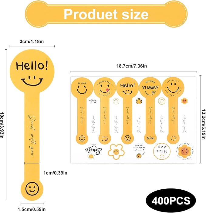 400Pcs Handmade Food Baking Seal Stickers Labels,Smiling Face Long Label Bakery Stickers,Self-Adhesive Goods Bakery Sticker Sealing Tamper Proof Sticker for Pastry Bags Lollipops Candy Cake