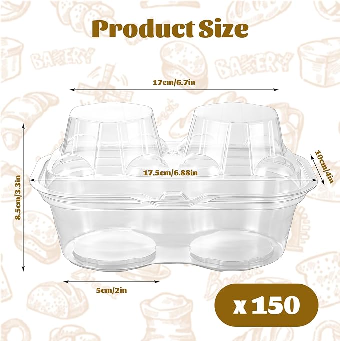 150PCS Cupcake Containers 2 Count | 2 Pack Cupcake Containers with Clear PET Hinged Lid, Double Dessert Holder Boxes for Muffins, Bakery, Parties and Sweet Gifts