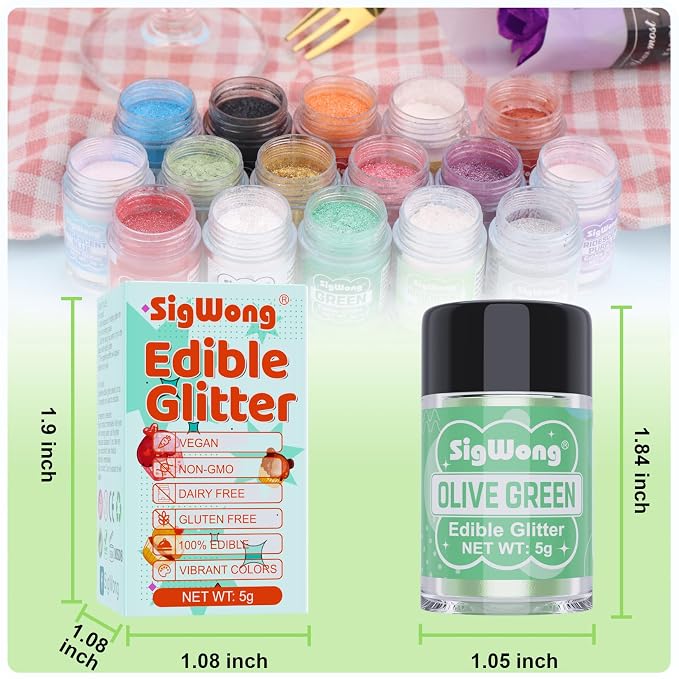 Olive Green Edible Glitter - 5g Food Grade Cake Decorating Shimmering Glitter, Edible Sprinkle Luster Dust for Drinks, Chocolates, Fondant, Strawberries, Cupcakes, Candy, Easter Cookie - Vegan