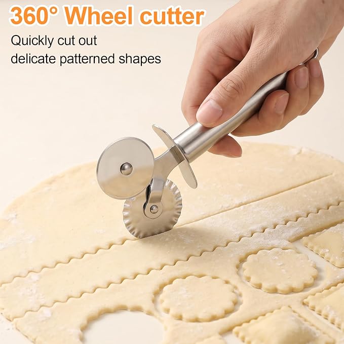 Double Wheel Pastry Cutter,Ravioli Pasta Cutter Wheel | Pie Cutter, Stainless Steel Dual-Head Baking Tool for Pizza, Noodles, Ergonomic Handle, Easy to Use & Clean