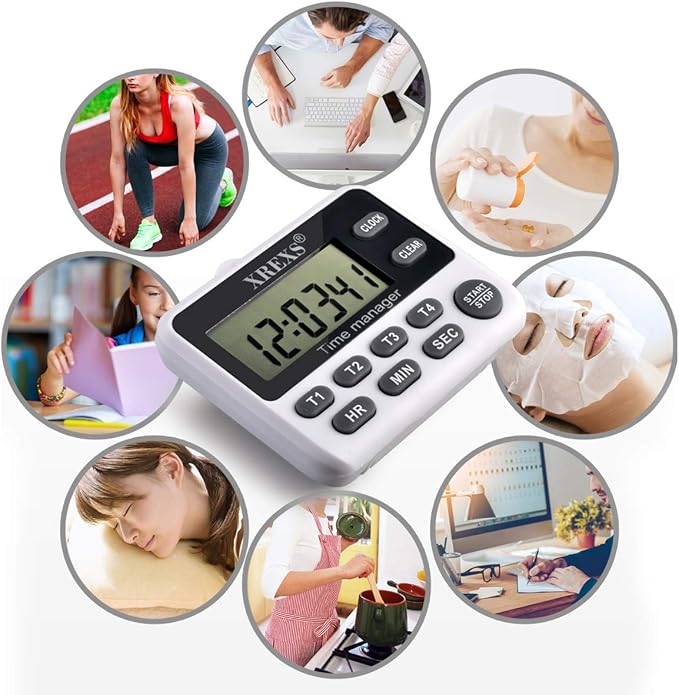 XREXS 4-Channel Digital Kitchen Timer Clock with Large LCD Display, 4 Groups Simultaneous Timing Countdown Up Pocket Timer, Magnetic Attachable (Battery Included)
