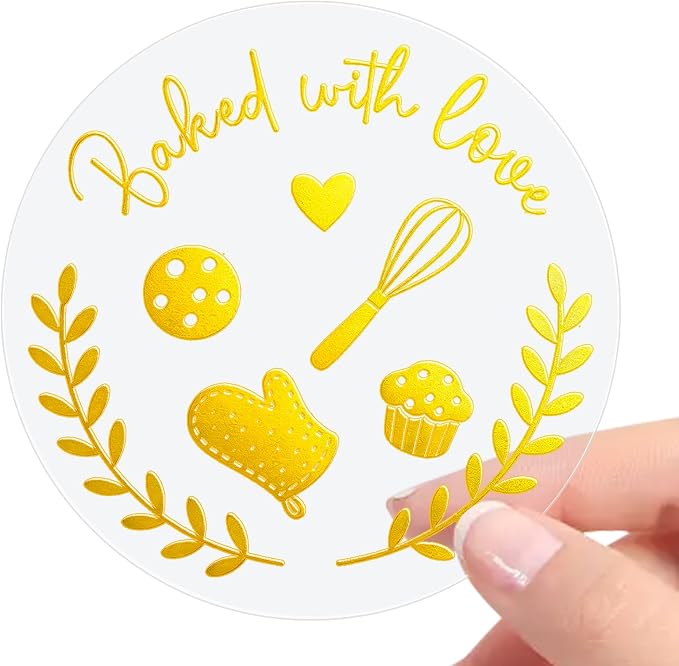 100PCS Baked with Love Stickers 1.6" Round Gold Foil Baking Labels for Cookies, Candy Table, Bakery Packaging, Unique Touch to Your Business and Homemade Cookies, Dessert Table Decor (Gold)