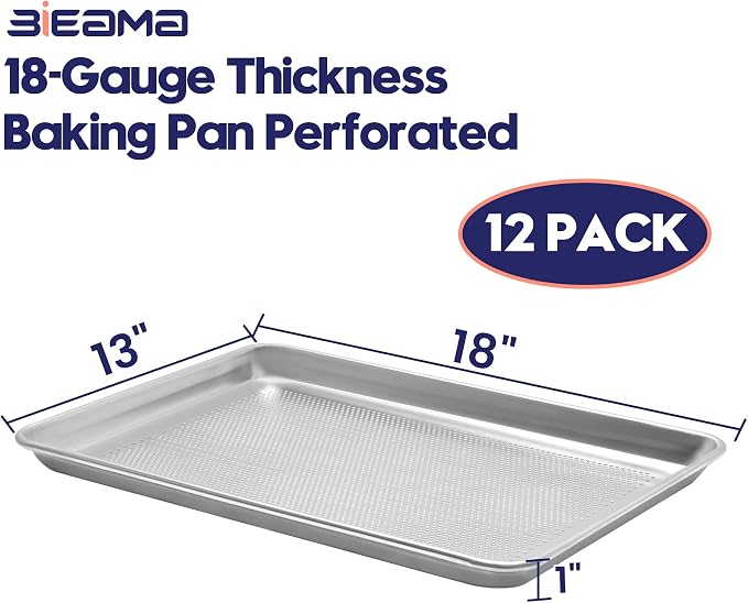 BIEAMA 12 Pack Half Size 18" x 13" Aluminum Baking Sheet Pan Perforated, Commercial Bakery Equipment Cookie Sheets, NSF Approved Baking Tray