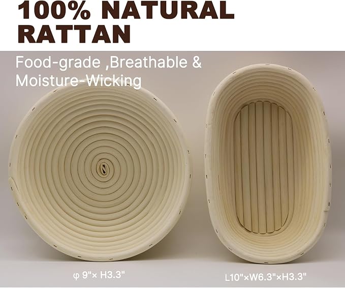 Round & Oval Rattan Banneton Basket Gift Kit with Accessories - Sourdough Bread Proofing Supplies (9" & 10", Liners, Scrapers, Lame) Natural for Home Bakers
