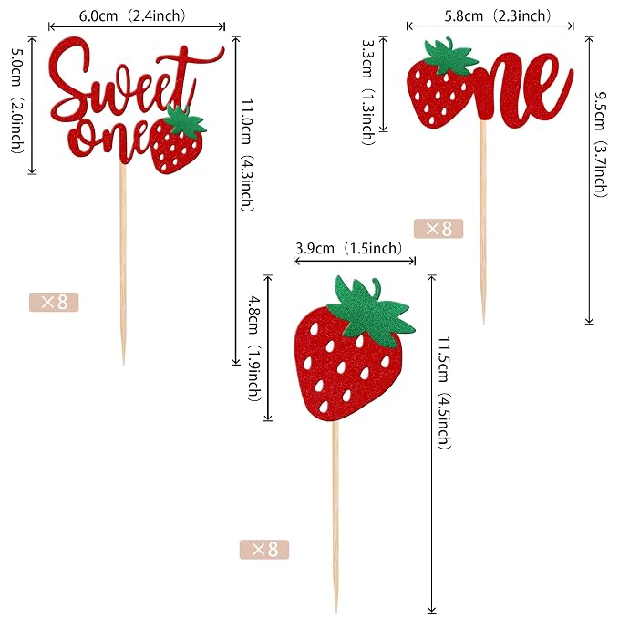 24 PCS Strawberry One Cupcake Toppers Glitter Sweet One First Birthday Strawberry Cupcake Picks for Fruit Theme Baby Shower Kids 1st Birthday Anniversary Party Cake Decorations Supplies Red