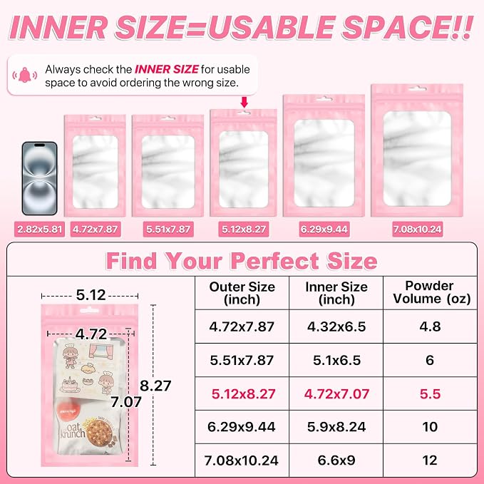 100 PCS Pink Resealable Mylar Bags with Frosted Clear Window Smell Proof Packaging Bags Foil Pouch Zip Bag for Food Self Sealing Storage Supplies 5.12x8.27