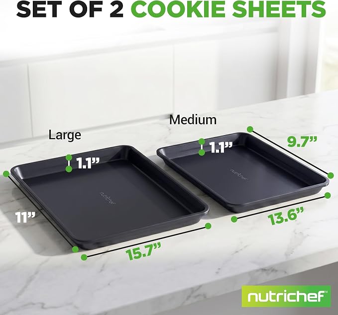 NutriChef Non-Stick Cookie Sheet Baking Pans, 2-Piece Oven Baking Trays w/ Superior Nonstick Coating - 15" x 11" & 13" x 9" Sizes for Convenient Roasting & Baking - Dishwasher Safe