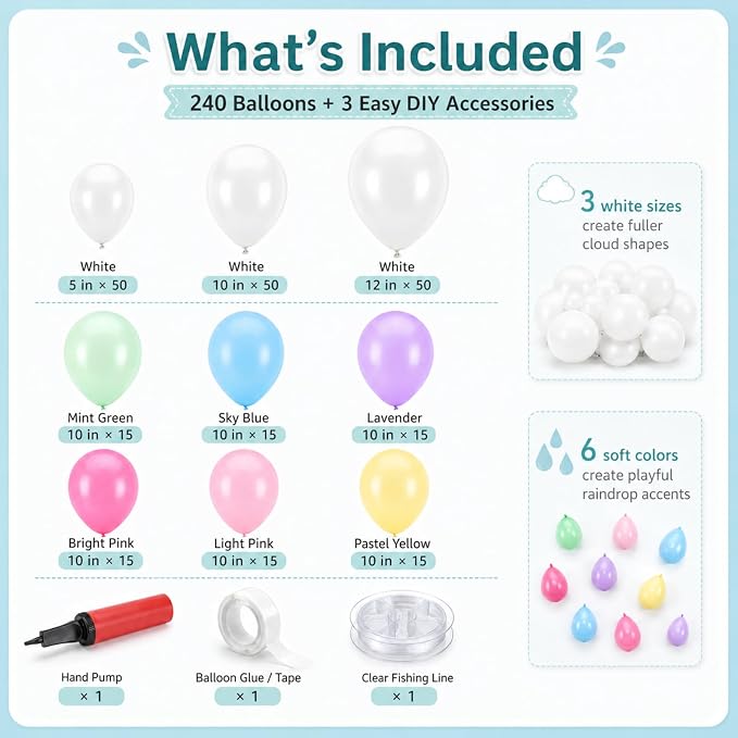 243 Pcs Cloud Balloon Garland Kit, Pastel Rainbow Raindrop Balloons with White Cloud, 5 10 12 Inch Macaron Latex Balloons for Baby Shower Birthday Classroom Rainbow Party Decorations