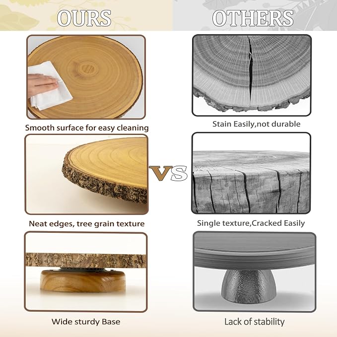 Rotating Wooden Cake Stand, 12 Inch Rustic Cake Display Stand with Cake Cutting Knife & Server Set, Round Dessert Serving Tray for Wedding, Birthday, Bridal Shower, Baby Shower & Holiday Party Decor