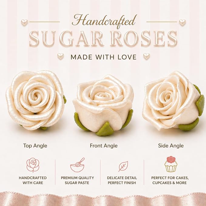 Confect Metallic Edible Lumniscent Pearl Roses | Christmas Cupcake Toppers | Edible Flower For Cake Decorating | Edible Metallic Sugar - Soy-Free, Dairy-Free, Palm Oil-Free -Pack of 12