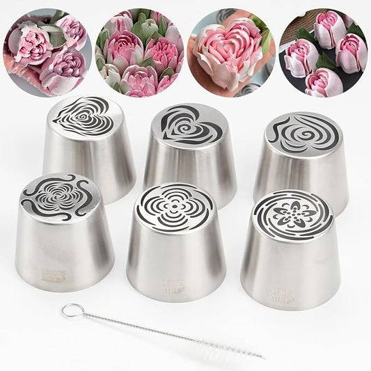 Extra Large Russian Piping Tip Set - 6 Stainless Steel Marshmallow Buttercream Framing Nozzles for 3D Roses Tulip Cake Decorations and Marshmallow Bouquets, Includes 1 Cleaning Brush(6H)