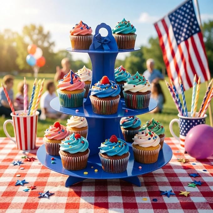 YLDW Cupcake Stand 2Pcs, 3-Tier Cupcake Stand Display, Cardboard Cup Cake Tower Stand, Disposable Dessert Stand for Birthday Tea Party Baby Shower Treat Decorations, Blue