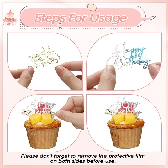 Weysat 30 Pcs Silver Mirror Acrylic Cupcake Toppers Happy Birthday Cake Decorations for Birthday Party Cupcake Toppers