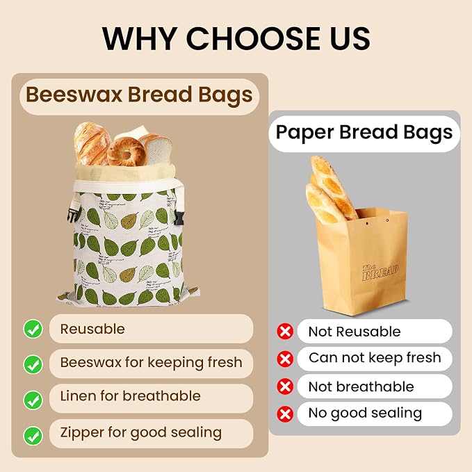 Beeswax Bread Bags for Homemade Sourdough – XL 2 Pack Organic Linen Cotton Reusable Bread Storage Bags with Airtight Zipper Lock, Keep Crusty Artisan Bread Fresh 48+ Hours,Zero Waste Kitchen Essential