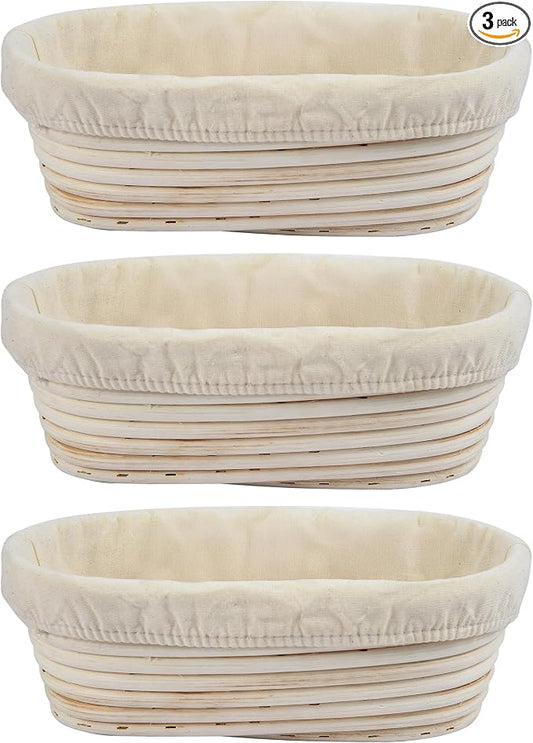 3Pcs Banneton Bread Proofing Basket, 10 inch Oval Banneton Basket,Sourdough Proofing Basket,Bread Bowl Handmade Rattan Baskets and Liners for Professional & Home Sourdough Bread Baking