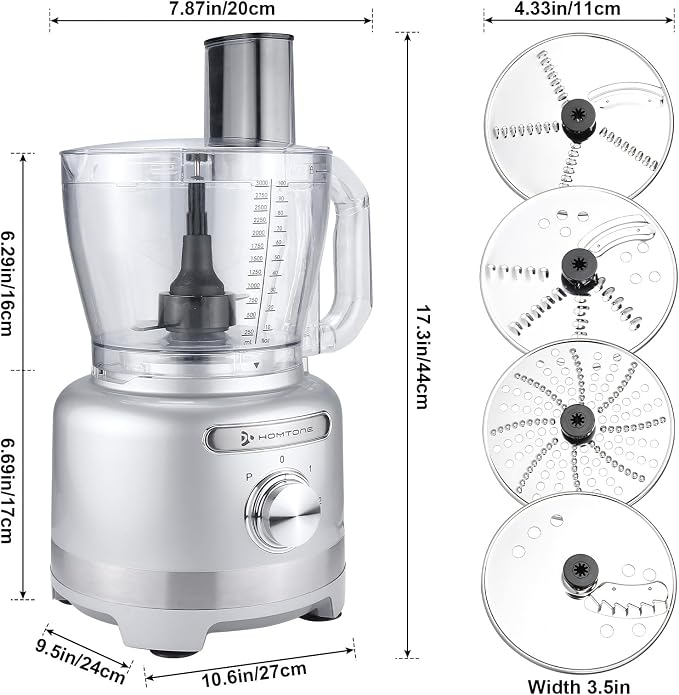 Homtone 16 Cup Food Processor Large, 9-in-1 Vegetable Chopper with 7 Blades for Shredding, Slicing, French Fry Cutting, Meat Grinding, Dough Kneading, 3 Speeds, Dishwasher Safe (Silver, 16 cup)