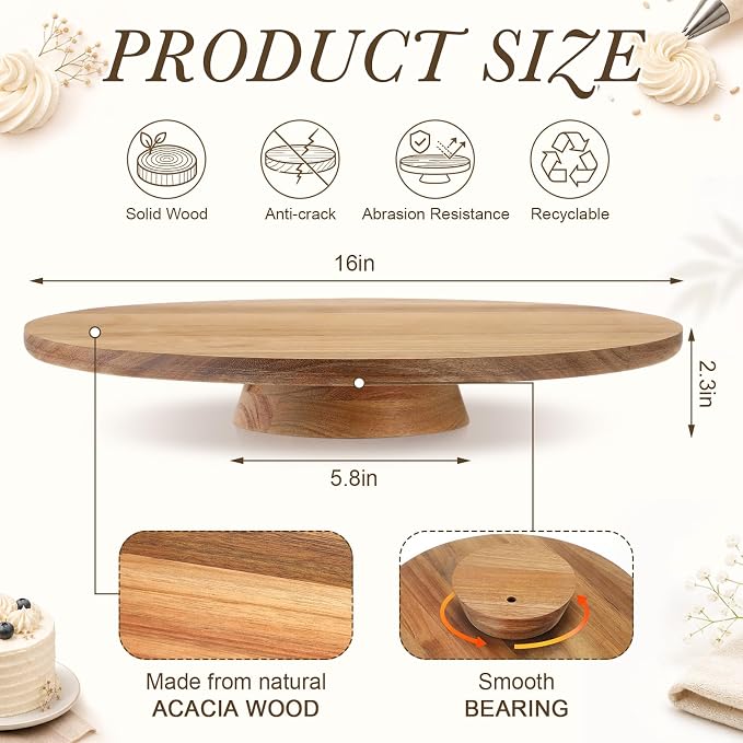 Gisafai 16 Inch Acacia Rotating Cake Stand Rustic Wood Pedestal Stands Turntable with 2 Icing Spatulas 3 Smoothers Wooden Cupcake Dessert Display for Wedding Party Decoration