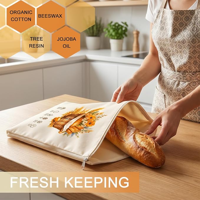 Reusable Bread Bags for Homemade Bread 2 Pack, L-shaped Zipper Beeswax Bread Bag for Easy Access, Keeps Bread Fresh Longer, Freezer Safe Breathable Cotton Beeswax Bread Bags for Sourdough
