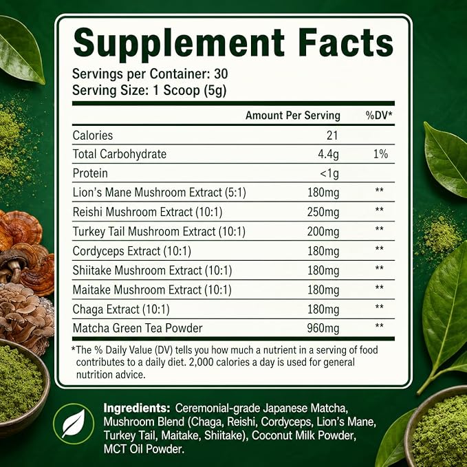 Suiyilary Mushroom Matcha, Ceremonial Matcha Tea Powder with 7 Superfood Mushrooms, Gluten Free, Taste Great Hot or Cold Matcha Latter - 150g 30 Serving