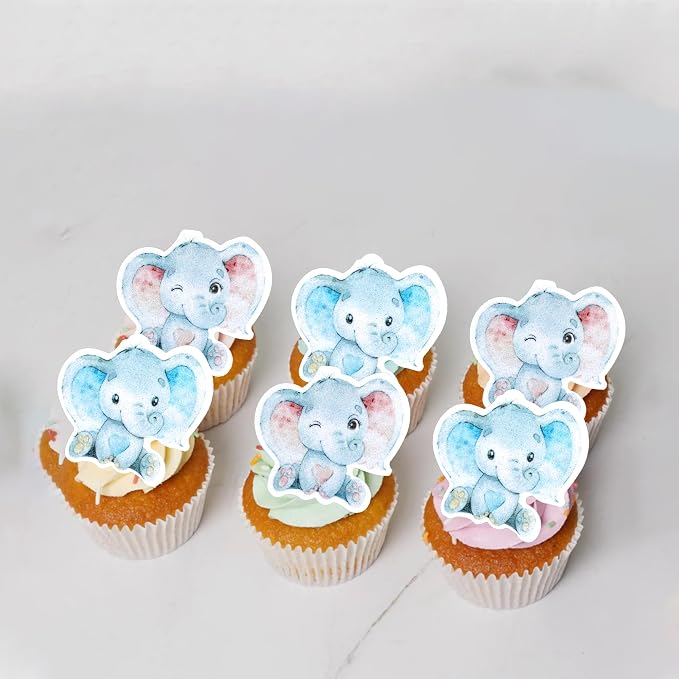 60 PCS Edible Elephant Cupcake Toppers Baby Shower Boy or Girl Cupcake Picks for Elephant Theme Gender Reveal Baby Shower Kids Boys Girls Birthday Party Cake Food Decorations Supplies Pink or Blue