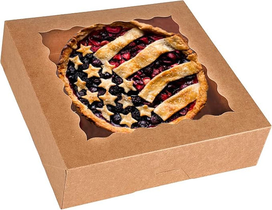 Tcoivs 30-Pack Pie Boxes 10" x 10" x 2.5", Bakery Boxes with Window, Auto-Popup Cookie Boxes for Muffins, Donuts and Pastries (Brown)