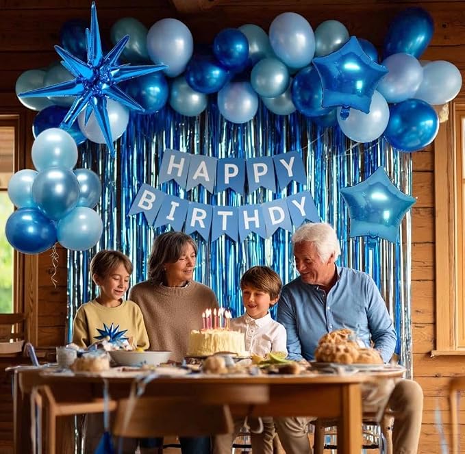 Blue Birthday Party Balloon Kit,Metallic Blue Pearl Balloons Happy Birthdays Banner Fringe Curtains Explosion Star Foil Balloon for Women Man Baby Shower Birthday Decoration