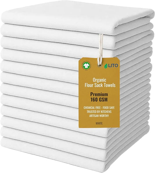 Flour Sack Towels | Tea Towel for Crafts| Kitchen Dish Cotton Blank Towel for Embroidery| Baking Bread Proofing Linen Cover| Super Absorbent Quick Dry| 12 Pack 18"x 28" White