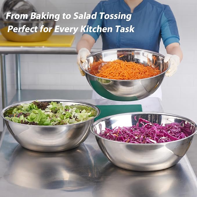 CURTA 3 Piece Large Stainless Steel Mixing Bowls Set, Extra Large Metal Mixing Bowls (7.8, 10, 13.1 QT), Heavy-Duty Nesting Salad Bowls with Flat Base for Bread Dough Kneading, Baking & Catering