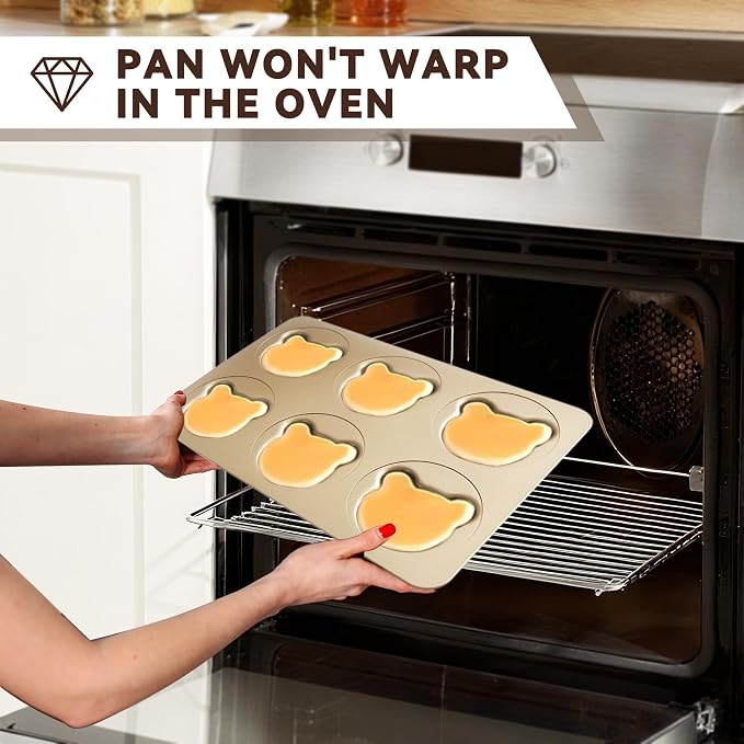 6-Cup English Muffin Pan, Nonstick & Sliding Lid, Bear Shape | 2-in-1 Sliding Lid for Proofing & Baking, Bear Shaped Muffin Pans, Nonstick Carbon Steel Hamburger Bun Mold