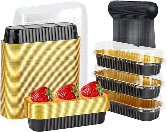 LNYZQUS Mini Cake Pans with Lids 100 Pack,Individual Foil Baking Tins,Disposable Mini Loaf Pans Small Cakes Tin Cupcake Containers for Bakery Bake Sales-Black,6.8oz