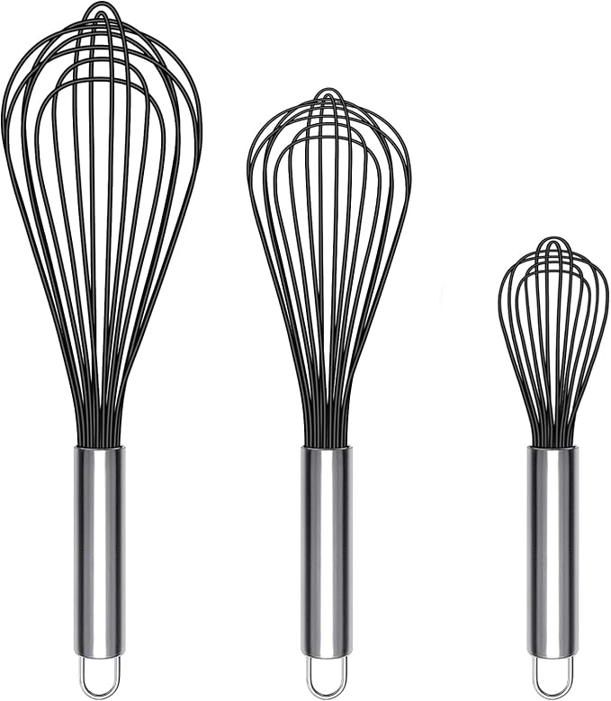 TEEVEA Silicone Whisk Set Non Scratch BPA Free for Nonstick Cookware, 3 Piece 8/10/12 Inch Stainless Steel Core Heat Resistant, Egg Beater for Cooking Baking, Black