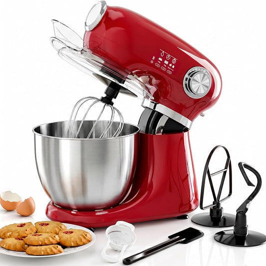 Kismile 5.5QT Tilt-Head Stand Mixer, 12-Speed Electric Mixer with 304 Stainless Steel Bowl - Includes Whisk, Dough Hook, Beater for Baking Bread, Cakes, Cookies（Red）