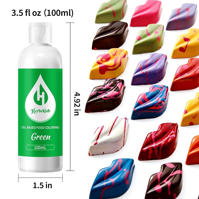 Green Oil Based Food Coloring for Chocolate – Herbeklab 100ml Professional Concentrated Oil Food Dye for Candy Melts, Chocolate, Cake Pops, Strawberries & Baking