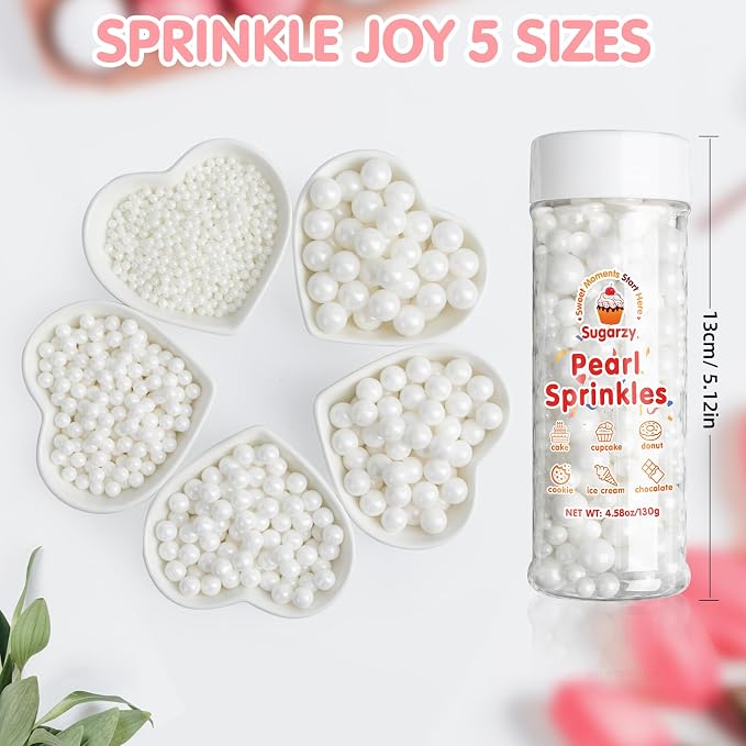Edible White Pearl Sprinkles for Cake Decorating,130g,Edible Pearl Sugar Mix Size,Baking Candy Decorations,Cupcake Toppers,Cookie Donuts Ice Cream Dessert Decorating,Wedding Birthday Party Supplies