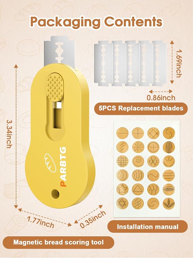 Bread Lame Dough Scoring Tool, Extractable & Magnetic Sourdough Scoring Tool for Sourdough Bread Baking, Bread Making, Bread Scoring Tool with 5 Razor Blades, Scoring Patterns booklet, Yellow