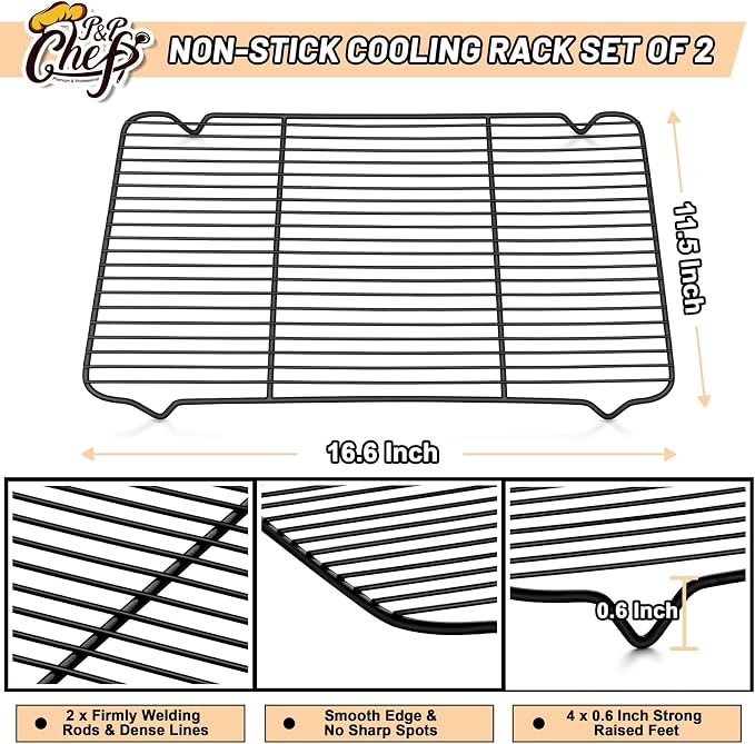 P&P CHEF Cooling Baking Rack Pack of 2, 16.6" x 11.5", Stainless Steel Cooling Racks for Cooking Baking Roasting Grilling Drying, Dense Wires & Smooth Edge, Easy to Clean, Black