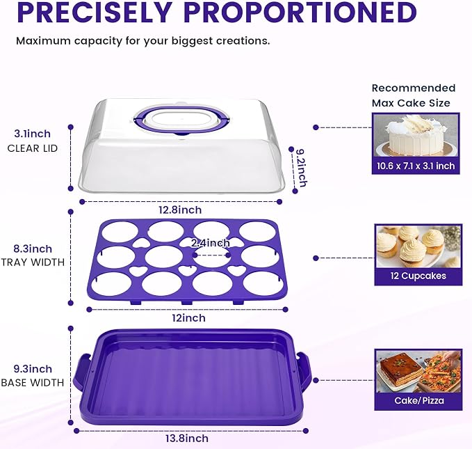 VGOODALL Cupcake Carrier, Rectangle Cake Plate with Lid, 12 Capacity Cup Cake Portable Container Dessert Holder with Handle for Family Picnics and Party Events, 2-in-1 Design, Purple