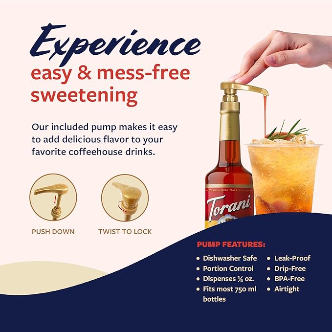 Torani Orange Syrup for Drinks, Flavoring for Iced Tea, Sodas, Cocktails, and Milk Shakes, Pump Included, 25.4 Oz