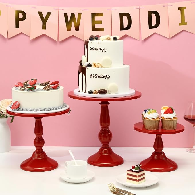Set of 3 Red Cake Stands, QENUIITEA Metal Round Cake Holder Dessert Pie Pizza Display Stand 8" 10" 12" Serving Tray Decoration for Wedding Celebration Party Birthday Baby Shower