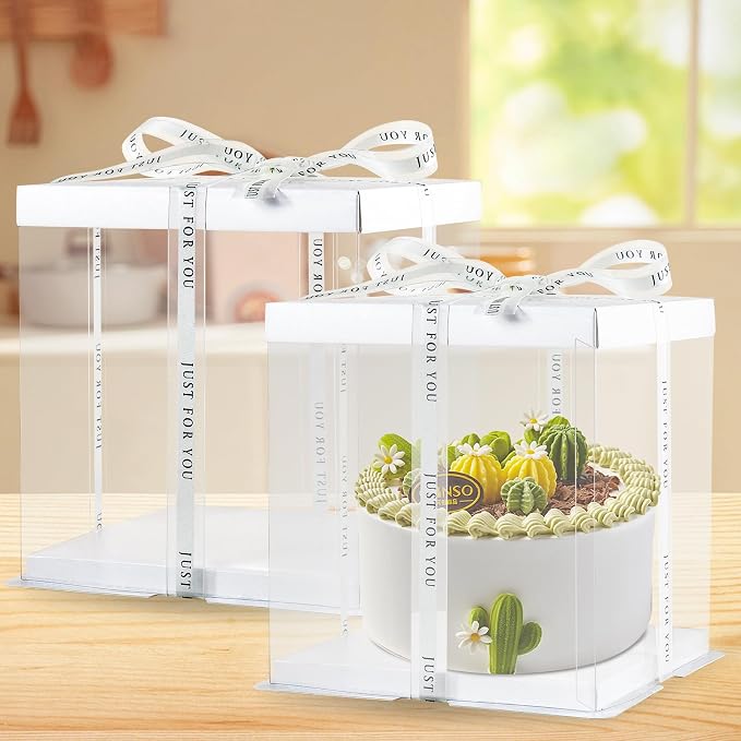 8Pcs Clear Cake Box with Ribbon 2-Layer 10x10x9 Inch, Transparent Cake Box with Lids, Tall Cake Boxes, Transport Gift Boxes for Birthday Wedding Valentine'Day.(Clear, 10 * 10 * 9inch/8pcs)