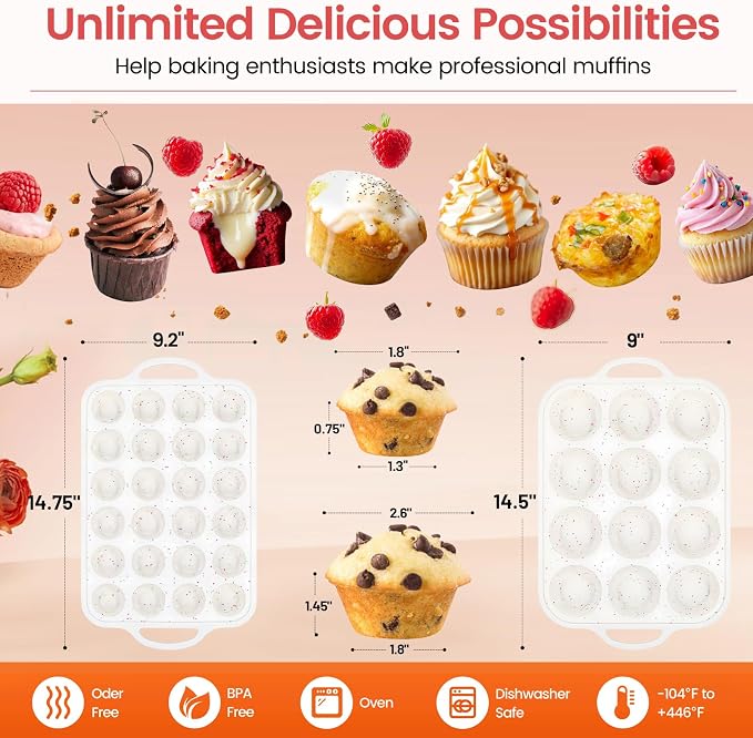 Silicone Muffin Pan with Metal Reinforced Frame - 12 Cups Muffin Pan With 24 Cups for Homemade Muffins, Cupcakes, Oven and Dishwasher Safe - Set of 2, Rainbow Dots