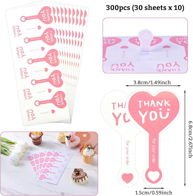 Beyonday 300pcs Handmade Lollipop Baking Stickers for Cake Box/Tin/Jar/Coffee Cup/Bottle, Long Label Heart Sealing Bakery Stickers for Gift Wrapping Self-Adhesive Tamper Evident Seal Labels, 3.8x6.8cm