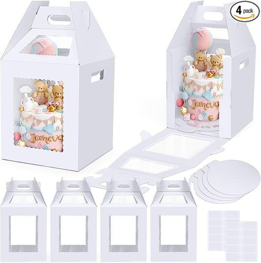 Tall Cake Boxes for Tier Cakes with Cake Boards 4 Pack 10x10x12 Inch Large Tiered Cake Carrier Containers with Window for Wedding Birthday Bakery