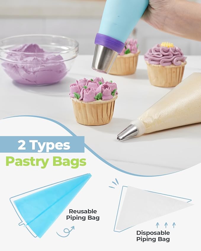 Kootek 48Pcs Russian Piping Tips Set, Piping Bags and Tips Set with 12 Russian Tips, 2 Icing Tips, 30+1 Pastry Bags, 3 Couplers for Cake Decorating, Cupcake, Cookie, Baking